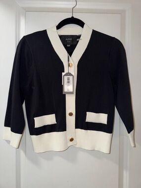 Aleeza Paris Black and White V-Neck Button Cardigan Sweater